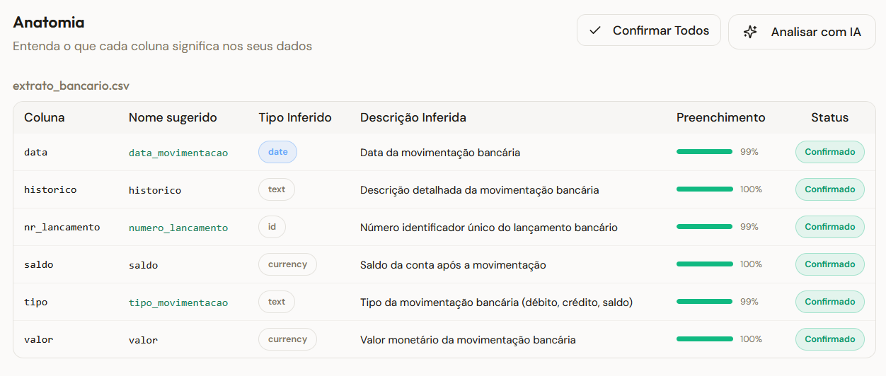 Verbo Anatomy — automatic data dictionary with column names, types, descriptions and fill rates
